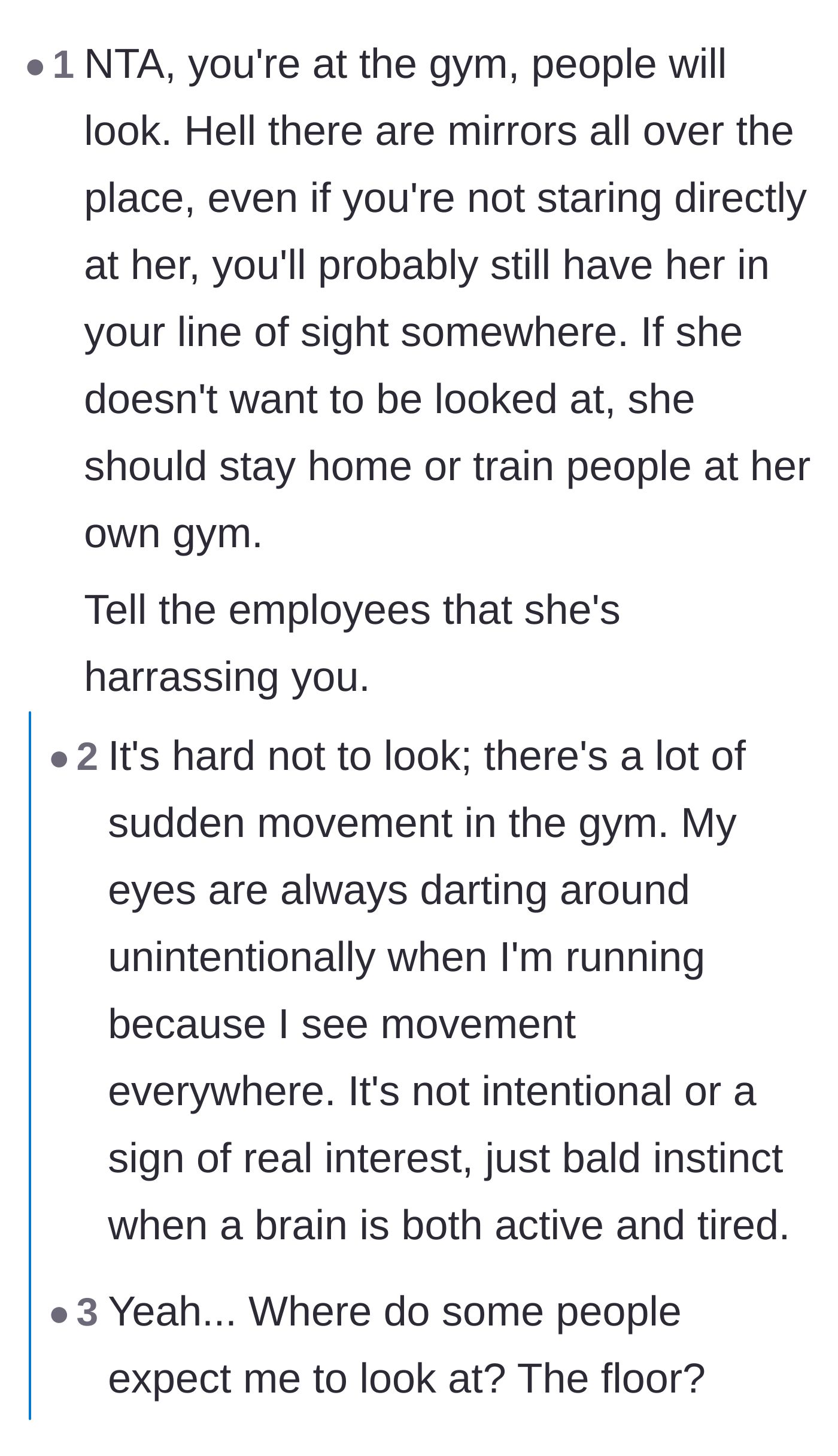 Comment thread 1 - Discussion on navigating gym sightlines, the chilling effect of gym influencer culture, and the manipulative nature of the trainer's tears.
