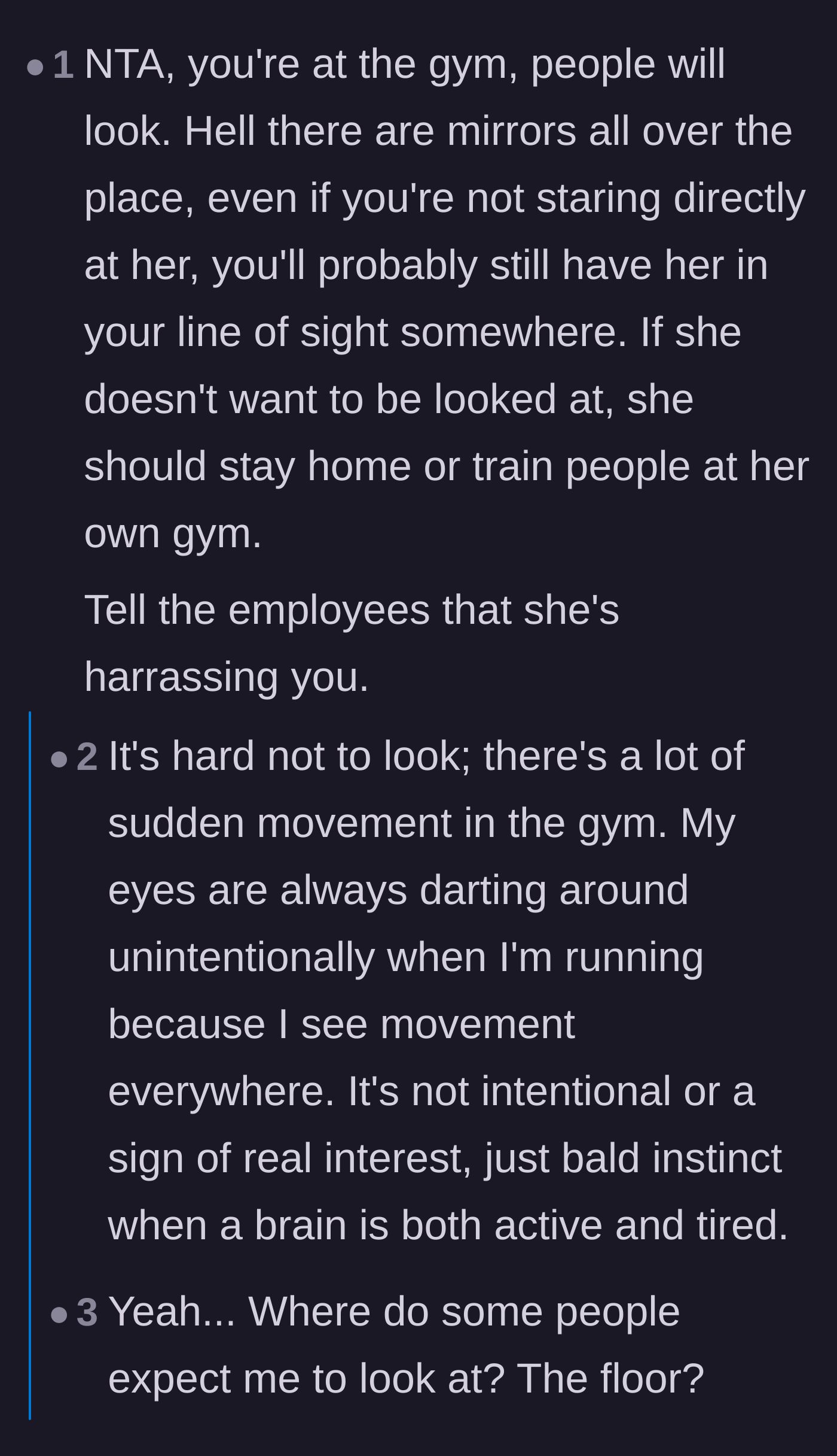 Comment thread 1 - Discussion on navigating gym sightlines, the chilling effect of gym influencer culture, and the manipulative nature of the trainer's tears.