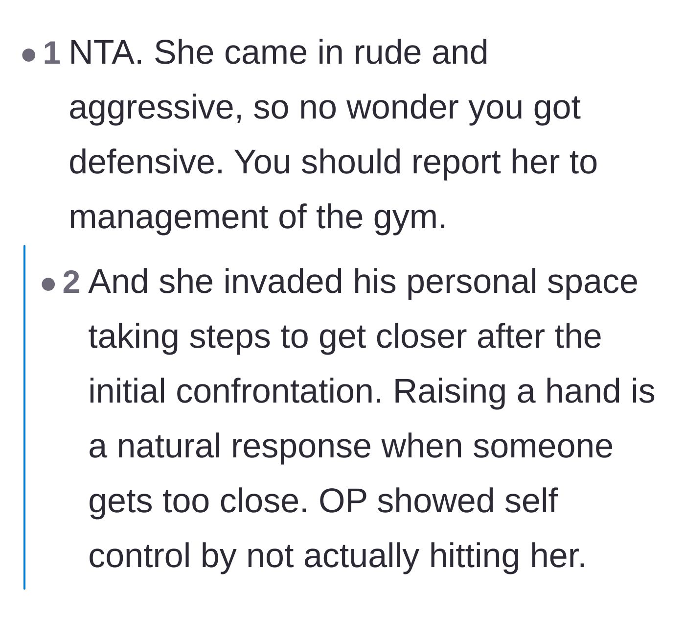 Comment thread 3 - Defense of the main character's instinct to raise his hand when his personal space was aggressively invaded by the trainer.