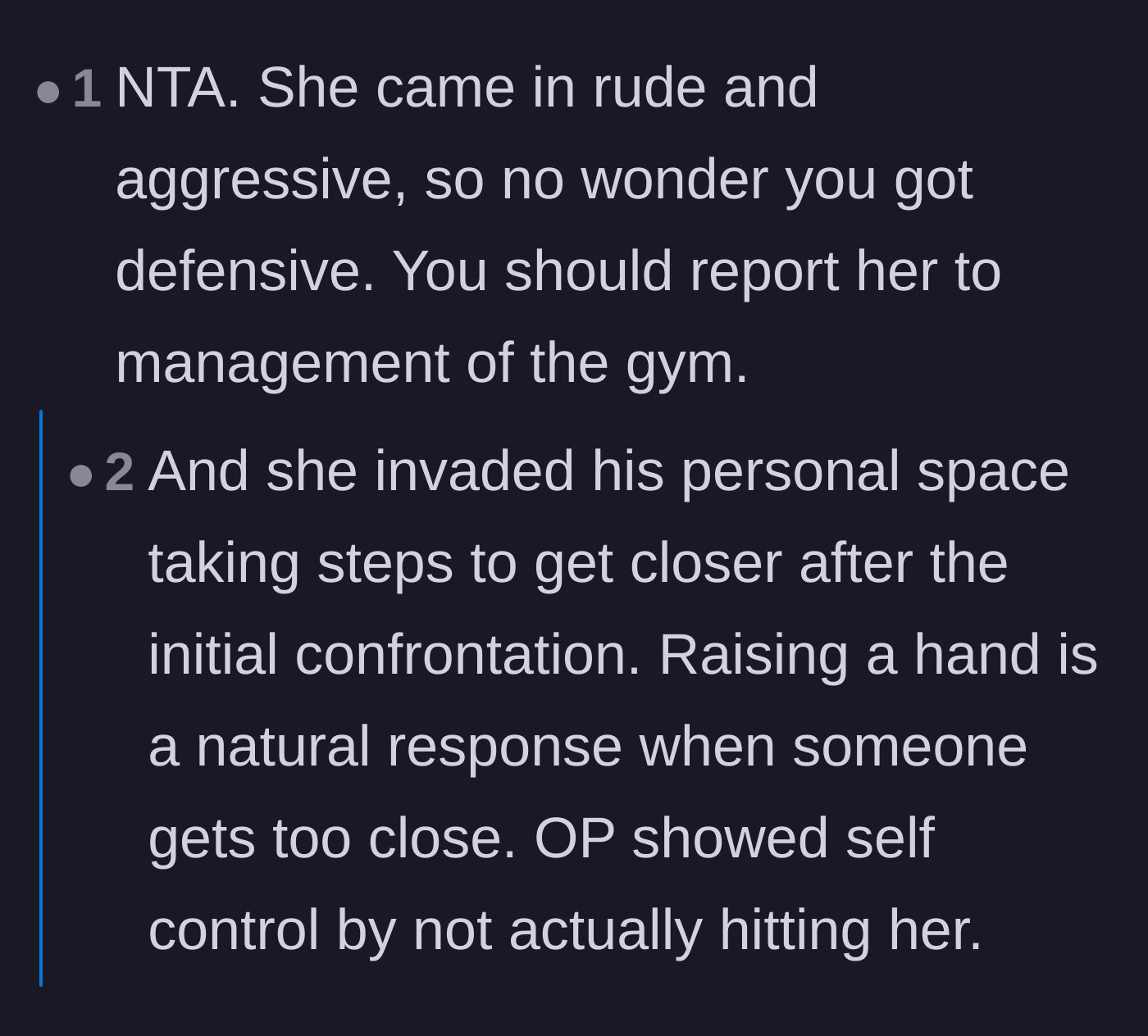 Comment thread 3 - Defense of the main character's instinct to raise his hand when his personal space was aggressively invaded by the trainer.