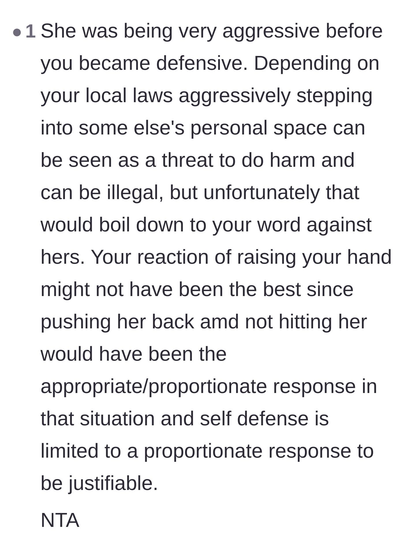 Comment thread 5 - Breakdown of the legal and physical implications of stepping into someone's space and what constitutes proportionate self-defense.